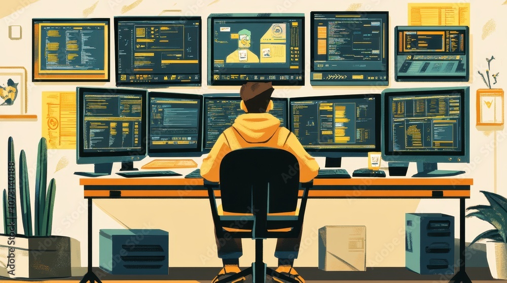 Poster a focused individual analyzing data in a modern workspace equipped with multiple computer screens sh