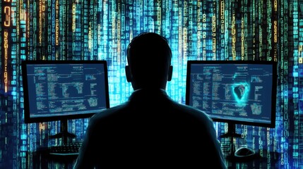 Futuristic Digital Environment with Programmer Analyzing Data on Dual Monitors Surrounded by Streaming Binary Code and Cybersecurity Elements