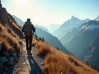 Adventurous hiker exploring majestic mountain trail at sunrise