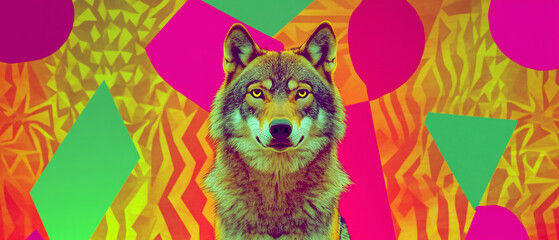 Wolf Portrait with Geometric Shapes and Vibrant Colors