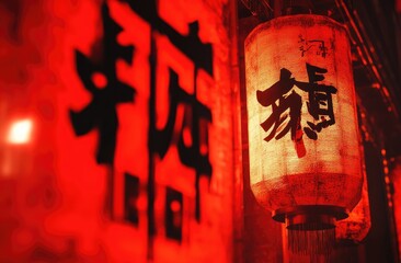 Chinese New Year red background, close-up of a Chinese knot hanging on the right side with large black characters in the middle of the screen, red lanterns