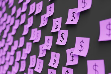 Many violet stickers on black board background with symbol of Bahamas dollar drawn on them. Closeup view with narrow depth of field and selective focus. 3d render, illustration