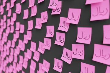 Many pink stickers on black board background with symbol of Iran rial drawn on them. Closeup view with narrow depth of field and selective focus. 3d render, illustration