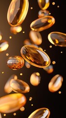 Fototapeta premium Shiny golden capsules floating in a dark background, representing health and wellness concepts.