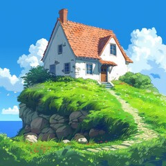 A cute cottage, on a hill, by the seaside. Bright blue sky, green grass.