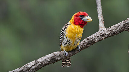 Red and yellow barbet perched on a branch, Ai Generated