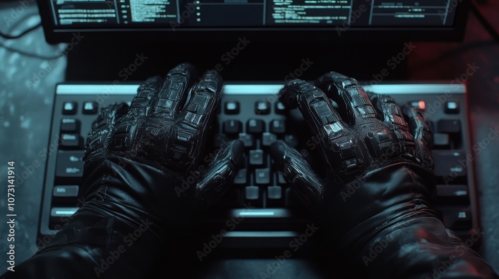 Poster dark cyber environment with hands in black gloves typing on keyboard surrounded by computer code ill