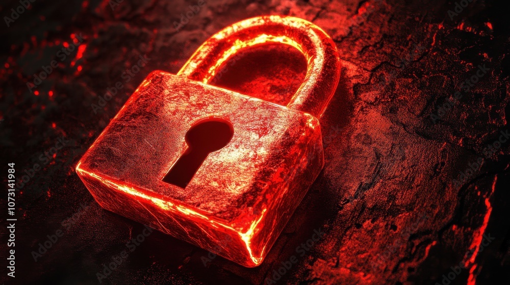 Poster illuminated red padlock on dark stone surface representing security and protection in a digital worl