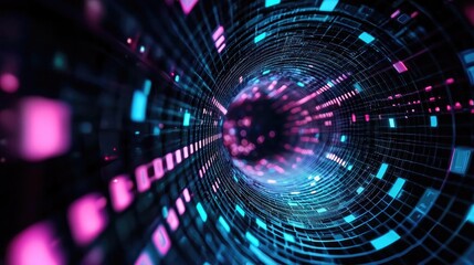 Fototapeta premium Dynamic digital tunnel with vibrant colors, showcasing futuristic technology and deep perspective in abstract form.