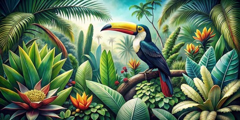 Fototapeta premium Vintage Style Photography of Exotic Plants Featuring a Toucan Bird, Banana, Agave, Succulents, and Tropical Trees in an Eastern Landscape Depicting Linear Jungle and Hand-Drawn Sketches