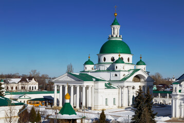 Top view of the Spaso-Yakovlevsky Dimitriev monastery with Dimitriev cathedral in the center. A sunny winter day. Rostov Veliky, Yaroslavl region, Russia