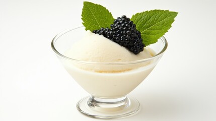 A bowl of creamy dessert topped with black caviar and fresh mint leaves, offering a luxurious and refreshing treat.