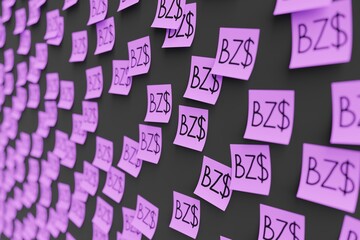 Many violet stickers on black board background with symbol of Belize dollar drawn on them. Closeup view with narrow depth of field and selective focus. 3d render, illustration
