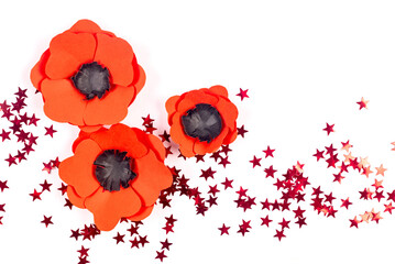 Red poppy flowers on white background. Remembrance Day, Paper poppy  as symbol of peace.