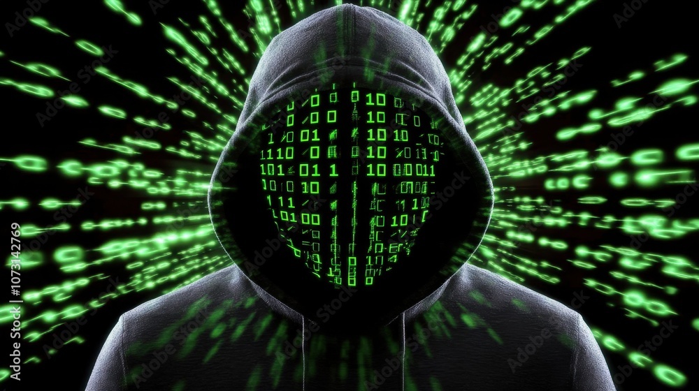 Poster mysterious figure in hooded sweatshirt surrounded by glowing green binary code representing cybersec