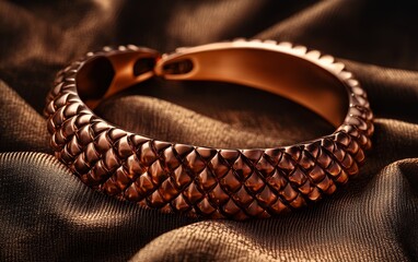 Fototapeta premium A detailed bronze bracelet rests elegantly on a textured fabric background.
