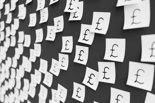 Many white stickers on black board background with symbol of Gibraltar pound drawn on them. Closeup view with narrow depth of field and selective focus. 3d render, illustration