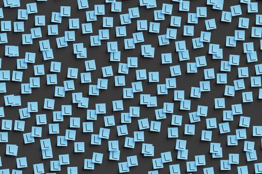 Many blue stickers on black board background with symbol of Honduras lempira drawn on them. Flat view. 3d render, illustration