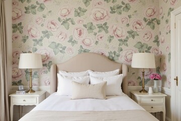 Elegant bedroom with floral wallpaper and vintage decor for cozy interior inspiration