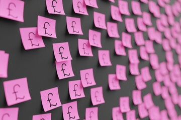 Many pink stickers on black board background with symbol of Lebanon pound drawn on them. Closeup view with narrow depth of field and selective focus. 3d render, illustration