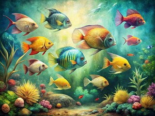 Fototapeta premium Vintage Tropical Fish Watercolor Artistry: Captivating Underwater Scene with Colorful Fish, Soft Brush Strokes, and a Lush Marine Environment in a Classic Aesthetic