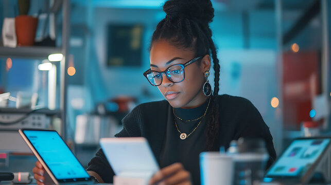 Female app developer testing mobile applications on multiple devices in a tech lab 