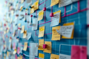 Scrum board filled with colorful sticky notes is helping a software development team