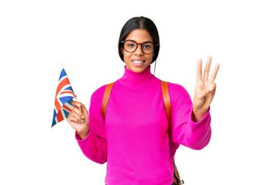 Young African American woman holding an United Kingdom flag over isolated chroma key background happy and counting three with fingers