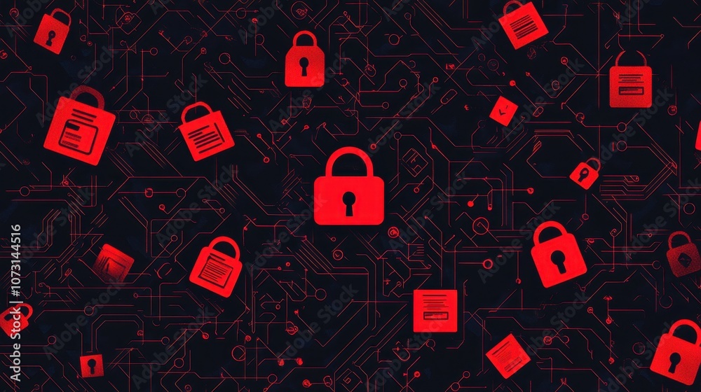 Poster abstract digital background featuring security padlocks over a network of circuits and binary code, 