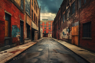 Fototapeta premium Moody alley between weathered brick buildings under a dramatic sky, conveying an urban atmosphere with a sense of history and nostalgia.