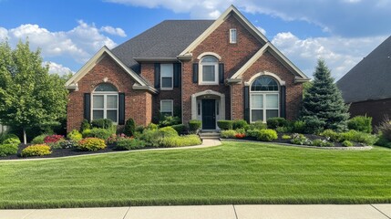 Stunning Brick House with Lush Green Landscaping and Colorful Flower Beds Under a Bright Blue Sky