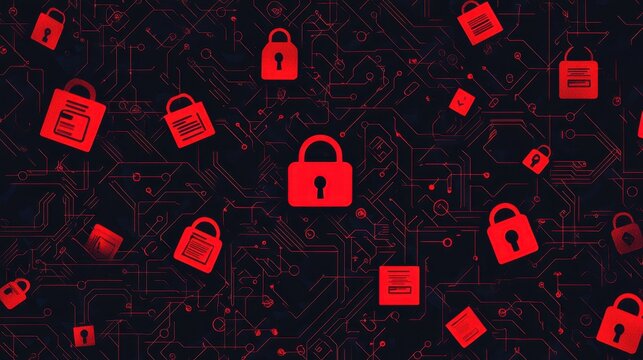 Abstract digital background featuring security padlocks over a network of circuits and binary code, emphasizing themes of protection, privacy, and technology in a vibrant red hue.
