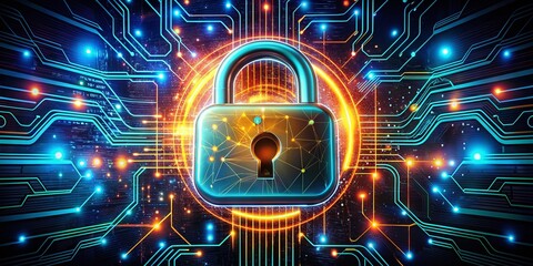 Obraz premium Vibrant Abstract Digital Lock Symbol Representing Cybersecurity with Glowing Lines and Circuits on Dark Background for Futuristic Architectural Photography