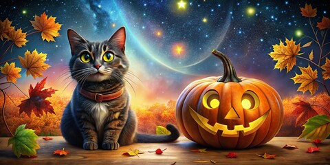 Whimsical Halloween Cat Cartoon Sitting Beside a Grinning Pumpkin in a Spooky Setting with Colorful Autumn Leaves and a Starry Night Sky for Festive Decor