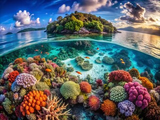 Naklejka premium Whimsical Undersea Coral Reef Adventure Captured by Drone Photography Showcasing Vibrant Marine Life and Stunning Coral Formations in Crystal Clear Waters
