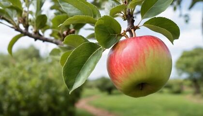 Photo of one ripe red apple hanging on a branch, shiny apple, blurred background