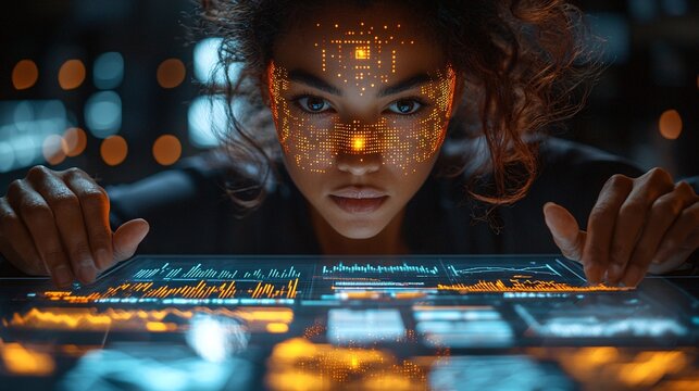 Future-Ready Business Professionals Analyzing Market Data with AI at Smart Desk