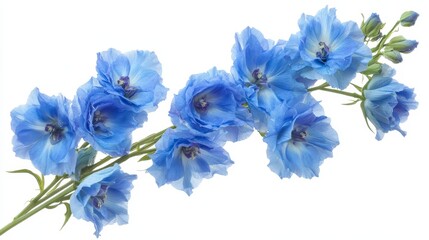 Vibrant blue delphinium flowers on white background highlight nature's beauty