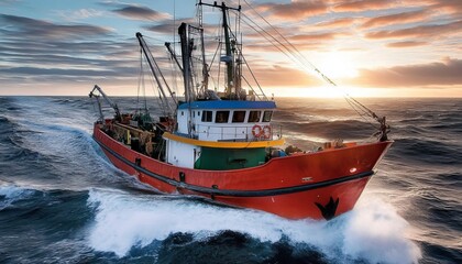 Naklejka premium Commercial Fishing Vessel Battles Rough Seas at Sunset, a Dramatic Image of Maritime Industry