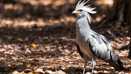 Secretary bird on the forest floor in sunlight, Ai Generated
