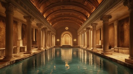 Majestic Roman bathhouse with reflective pool waters, flanked by intricate columns in an opulent historical ambiance.