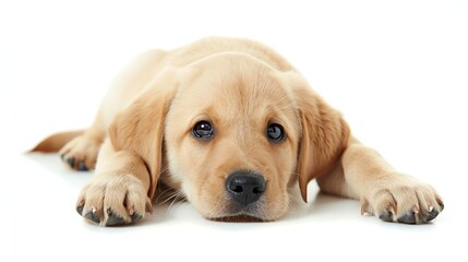 A small, tan-colored puppy lies on a white background with its head facing the camera.
