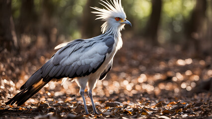 Secretary bird on the forest floor in sunlight, Ai Generated