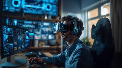Office Environment Featuring a Man with VR Glasses and Headset for Future Technology and AR