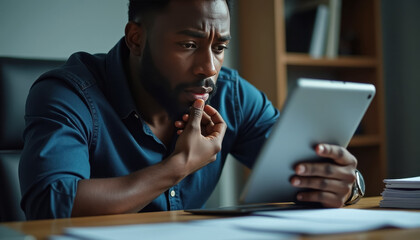 A black man in the office Focused professional reading tablet in office setting