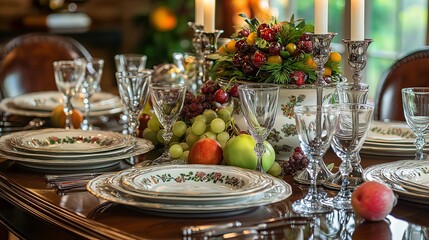 Naklejka premium Opulent Dining Table with Fine China and Candles