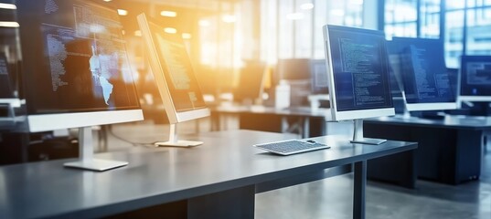 Modern Office Space with Computer Monitors and Information Technology Overlay. Big Data, Finance