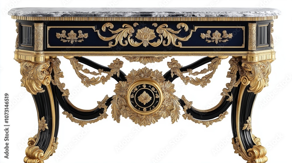 Poster ornate console table with gilded detailing and marble top