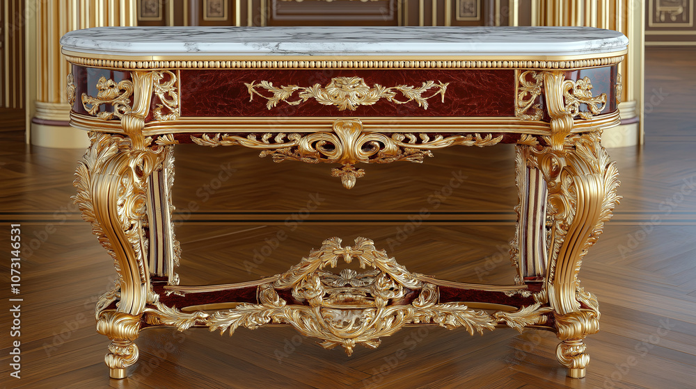 Poster ornate console table with gilded detailing and marble top