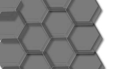 Abstract Hexagon honeycomb shaped gray and white decorative ceramic tiles on wall background. Seamless creative geometric Pattern of gray hexagon white abstract hexagon wallpaper or background. 